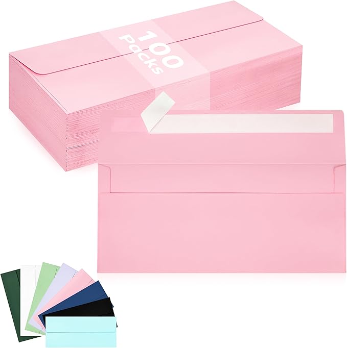100 Pack #10 Business Envelopes, Pink Standard Envelopes Self Seal, Letter Size Business Mailing Envelopes for Checks Letters Invoices Statements Birthday Graduation Wedding, 4 1/8 x 9 1/2 Inch