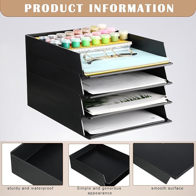 Wenqik 12 Pcs Stackable Paper Trays Rectangular Plastic Desk Holder Desktop Document File Organizer Storage Letter for Office Classroom (Black)