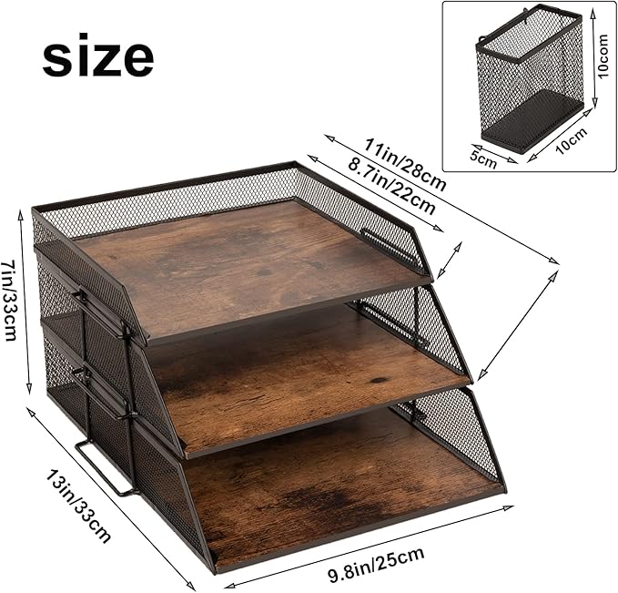 Vintage Wood & Metal Letter Tray， Stackable Desk Organizers Paper Tray， for File Magazines Mail Organizer, Vintage Wood Desk File Organizer with Pen Holder(3 Layer)