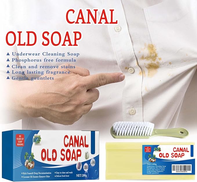 Canal Old Soap with Brush, Grand Old Soap for Stains, Canal Underwear Cleaning Laundry Long Lasting Fragrance Soap Bars, Gentle Not Hurt Hands Removing Old Stains (2PCS)