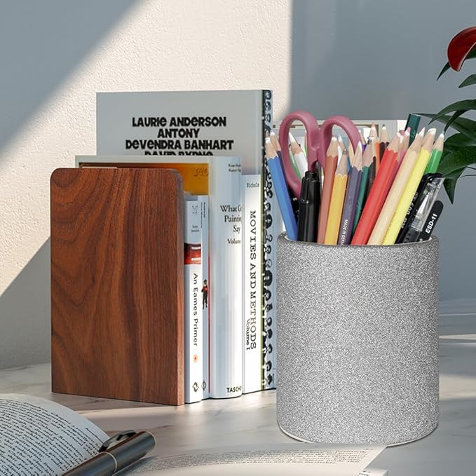 CXLE Pencil Holder Desk Organizer, PU Leather Pen Holder for Desk Decor Organizer Cosmetics Brush Holder for Teachers Students Storage Box Office Classroom(Sliver)