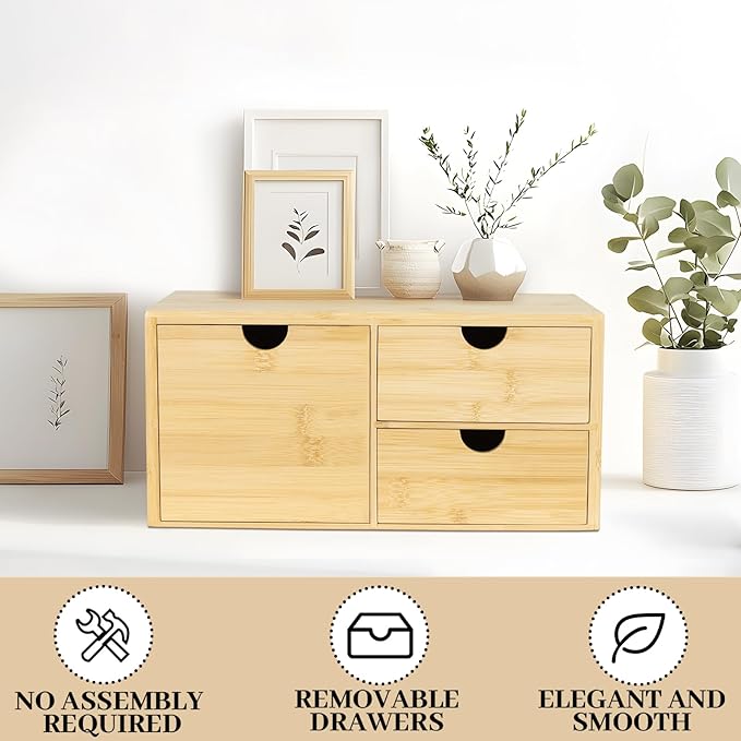 Bamboo Desk Organizer, Desktop Organizer with 3 Drawer, Tabletop Storage Organization Box for Bills, Countertop, Home Office Supplies