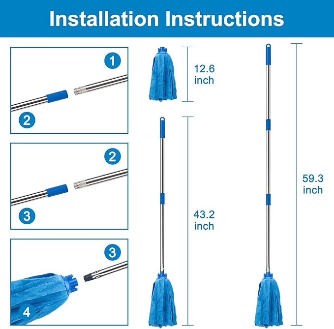 KeFanta Mop, Microfiber Cloth Mops for Floor Cleaning, One Pole with Two Microfiber Cloth Wet Mop Refills, String Mop with 59" Long Handle, Blue (1 Handle & 2 Mop Heads)