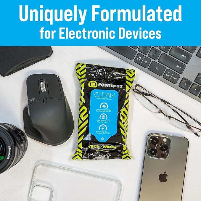 Fortress Electronic Wipes (25 ct, Pack of 24) To-Go Tech Wipes for Screens, Phones, Keyboards, TV Monitors, Computer Screens, and More [Travel Size] Skin-Safe