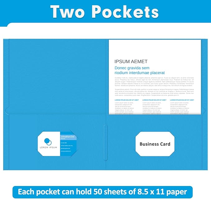 Two Pocket Folders, PANDRI 50 Pack 2 Pocket Folders, Letter Size Paper File Folder for School Office Home Business, LightBlue