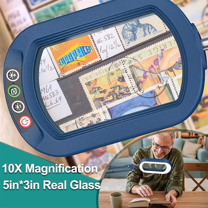 10X Rectangle Magnifying Glass with Light, 5 Color Modes Stepless Dimmable Magnifier with Stand, LED Lighted Clamp Desk Lamp with Swing Arm, Hands Free for Reading Painting Close Work - Blue