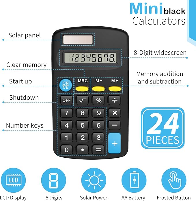 24 Pack Basic Calculators for Students, Pocket Calculator Bulk Classroom Mini Calculators Solar and Battery Dual Powered Handheld Calculator 8 Digit Display for Office School and Home