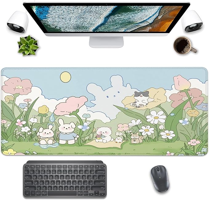 Cute Cartoon Bear Rabbit Cat and Flowers Extended Desk Pad Mouse Pad,Stitched Edges Non-Slip Rubber Base XL Mouse Mat Desk Mat for Office Home Work Floral Mousepad(27.5X11.8 Inch)