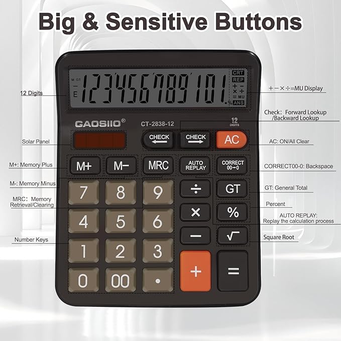 Desktop Calculator, Extra Large 5 Inch LCD Display, Desk Calculator, 12 Digits, Calculators with Big Buttons, Solar and AAA Battery Dual Power,Office Calculators for Business School Home(Black)