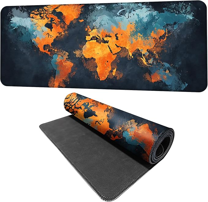 World Map Artistic Design Mouse Pad – 31.5" x 11.8" Extended Abstract Desk Mat with Bold Orange and Blue Color Palette – Large Non-Slip Surface for Office, Home, and Study