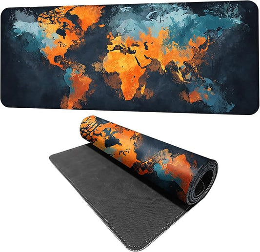World Map Artistic Design Mouse Pad – 31.5" x 11.8" Extended Abstract Desk Mat with Bold Orange and Blue Color Palette – Large Non-Slip Surface for Office, Home, and Study