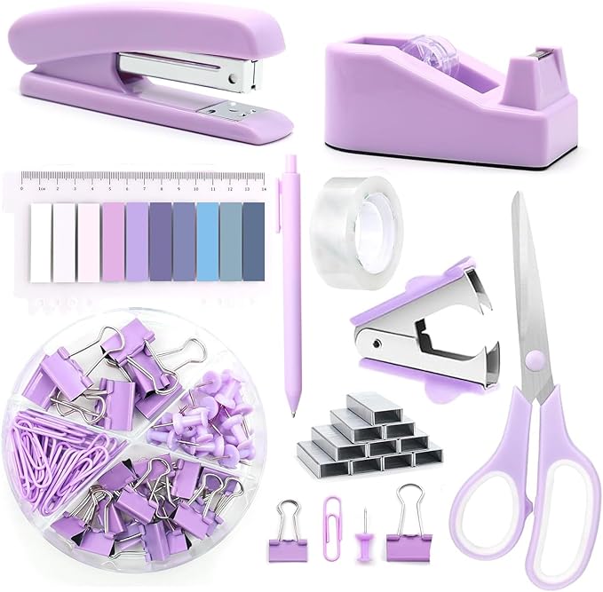Office Supplies Set,Desk Accessories,Stapler and Tape Dispenser Set,1000 Staples,Staple Remover,Hinder Clips,Scissor,Index Tabs,Clear Tape,Ballpoint Pen,Coworkers(Purple)