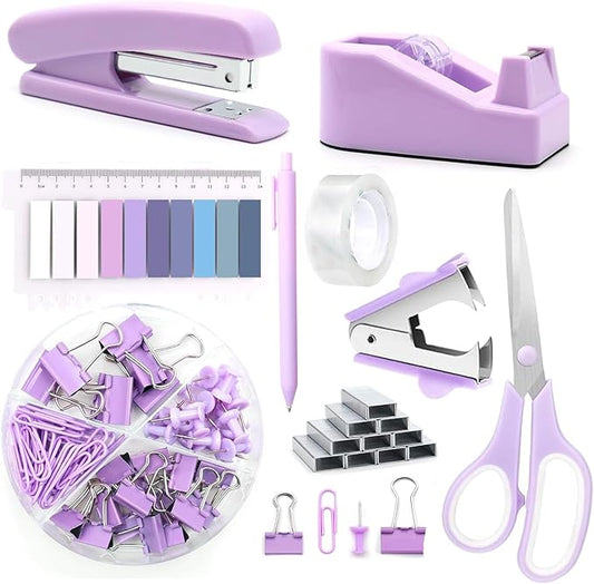 Office Supplies Set,Desk Accessories,Stapler and Tape Dispenser Set,1000 Staples,Staple Remover,Hinder Clips,Scissor,Index Tabs,Clear Tape,Ballpoint Pen,Coworkers(Purple)