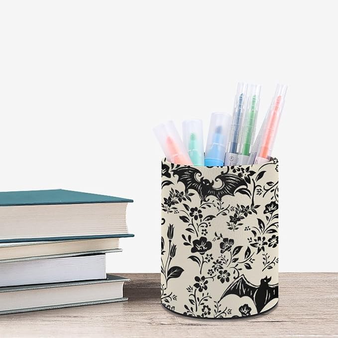 Gothic Bat Flowers Pen Holder Pencil Organizer Cute Pencil Cup Desk Decor Makeup Brush Holder PU Multifunctional Office Suppliesfor Home Classroom School