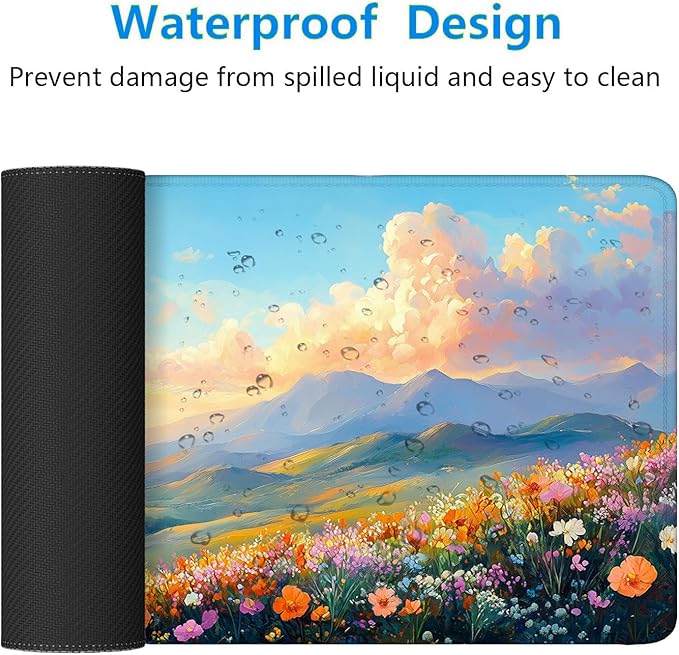 Flowers Desk Pad Mouse Pad Watercolor Dream Landscape Field Hills Gaming Mouse Mat with Stitched Edges,Non-Slip Waterproof Rubber Base Mouse Mat Office Computer Keyboard Laptop Home 31.5"x11.8"