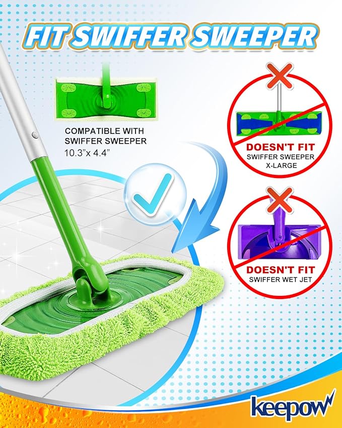 KEEPOW Reusable Mop Pads Compatible with Swiffer Sweeper (2-Pack) - Washable Microfiber Mop Pads for Wet & Dry Use - All Purpose Floor Mopping and Cleaning Product