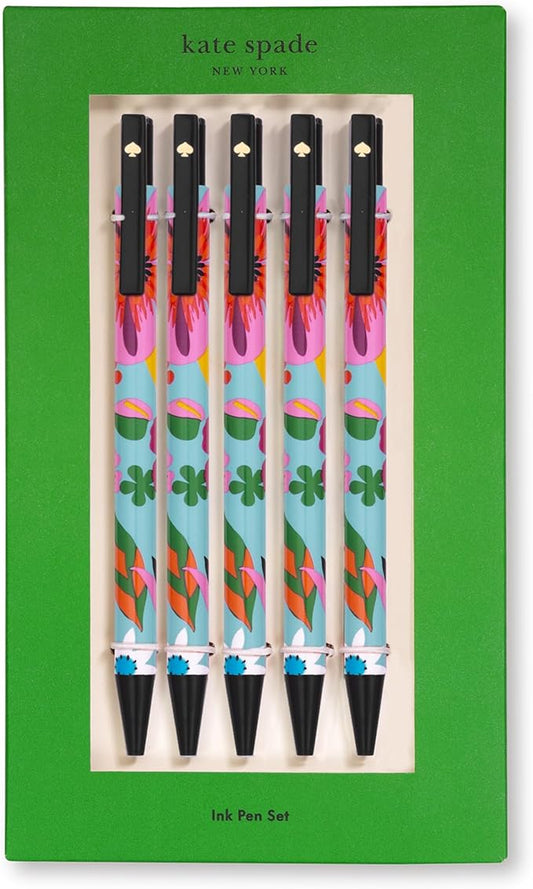kate spade new york Black Ink Pen Set of 5, Cute Click Pens, Plastic Retractable Pens for Writing and Journaling (Safari Floral)