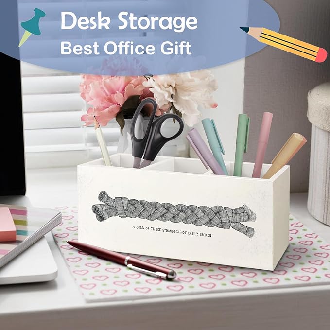 SNNDER Inspirational Christian Bible Verse Pen Holder for Desk, a Cord of Three Strands is Not Easily Broken Scripture Wooden Pen Pencil Holder Organizer for Home Office Desk Accessories