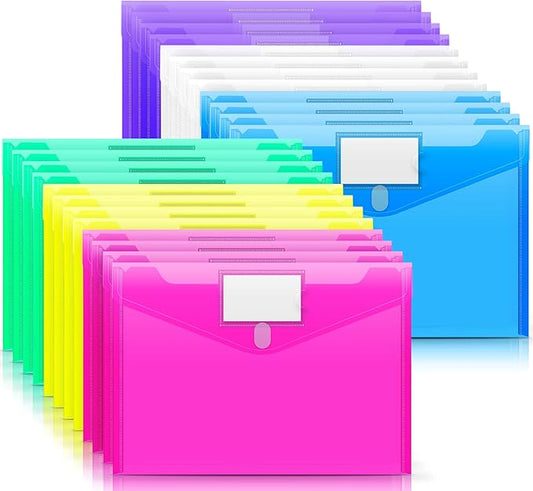 Sooez 24 Pack Plastic Envelopes Poly Envelopes, Clear Document Folders US Letter A4 Size File Envelopes with Label Pocket for Home Work Office Organization, Assorted Color