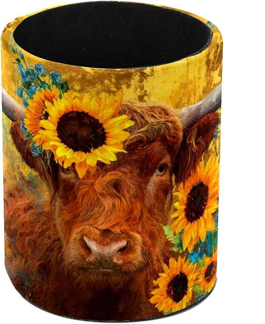 Watercolor Art Yak PVC Leather Circular Pencil Holder for Desk Organizer Stationery Holder for Office, School(3.9 x 3.1 Inches)