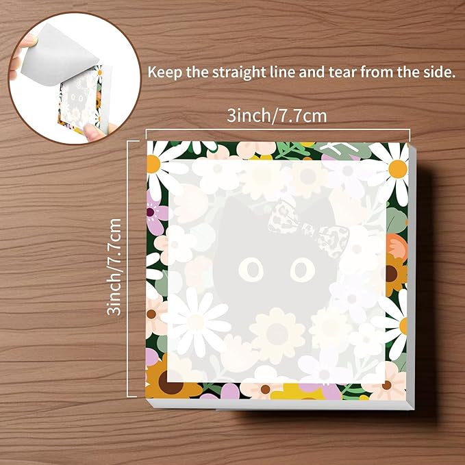Sticky Notes, 2 Pads, 3x3 inches, Cute Colorful Fun Self-Stick Note Pads, Easy Post, Strong Adhesive Notepad Black Cat Flowers