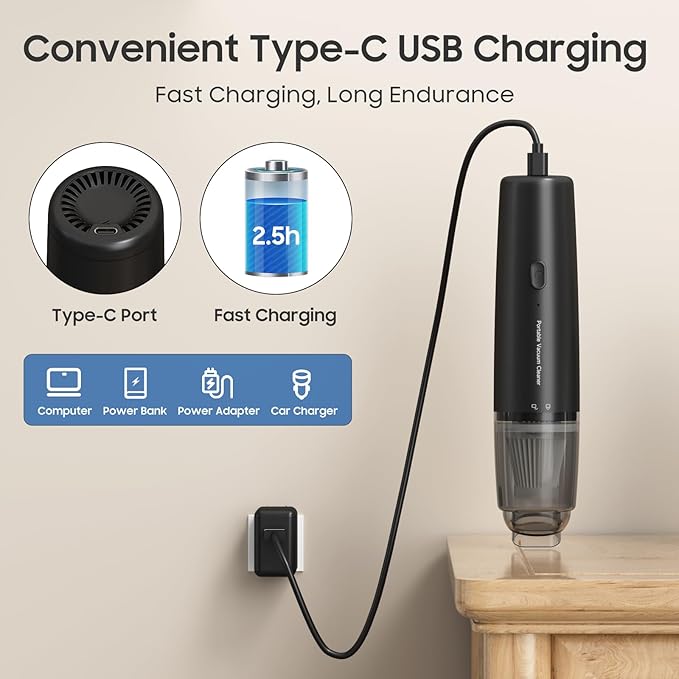 A9life Handheld Vacuum Cordless, Car Vacuum Cleaner Portable with HEPA Filter, 2 Suction Modes, Mini Hand Held Vacuum Rechargeable for Car, Home, Pet Hair, Office, Desk, Keyboards (Black)