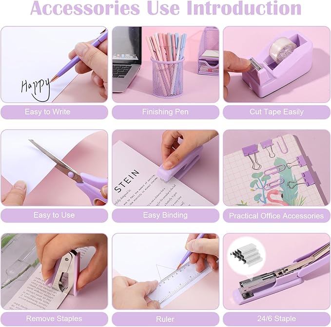 13 in 1 Purple Desk Office Supplies Set, Purple Stapler and Tape Dispenser Desk Accessories for Women with Stapler,Tape Dispenser,1000 Staple,Pen Holder,Staple Remover,Clip,Ruler,Scissor, Tab,Tape,Pen