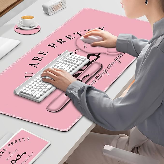 Gaming Mouse Pad, Large Desk Mat, Cute Desk Pad Protector, 4in1 XXL Mousepad + Keyboard Wrist Rest+Mouse Wrist Rest+Coaster Set with Ergonomic Desk Pad for Home Office Table Computer, Pink Pretty Bow