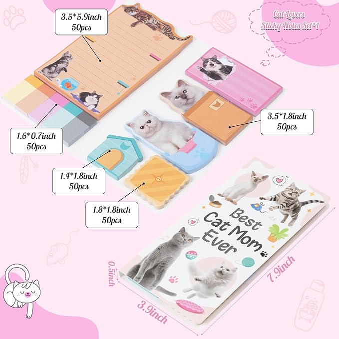 B1ykin Sticky Notes Set - Cartoon Theme Cute Self-Stick Notes Pad Teacher Appreciation Gifts， Self-Adhesive Writing Memo Pages Sticky to Do Notepad for Kids Employee School Office (Cat Lovers)