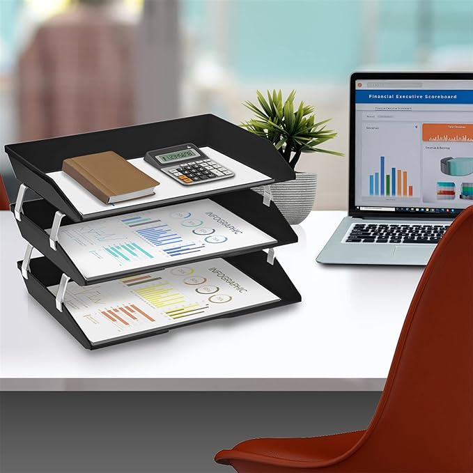 Acrimet Facility 3 Tier Letter Tray, Side Load, Letter Size/A4, Desktop File Organizer, Plastic (Black Color)