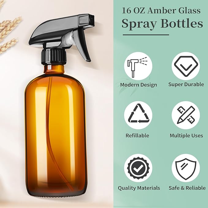 16oz Amber Glass Spray Bottles,6 Pack Glass Spray Bottles Refillable Empty Bottle with Adjustable Nozzle,Spray Bottle for Essential Oils,Cleaning,Pets,Hair Mister