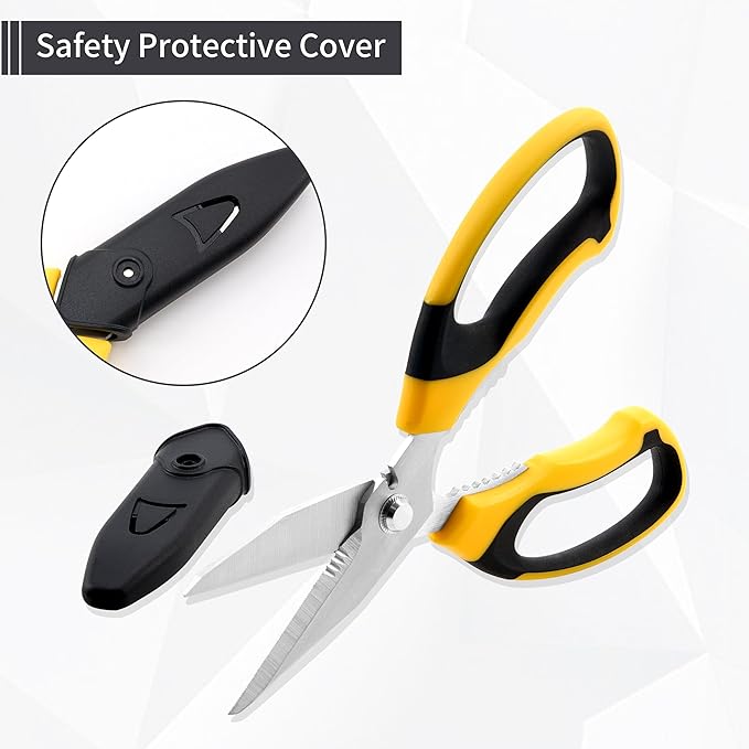 Scissors All Purpose Heavy Duty, 2 Pack Sharp Scissor with Large & Precision Serrations, 8'' Multipurpose Cutting Board Scissors with Special Clip, Wire Cutting Notch & Safety Cover, Yellow