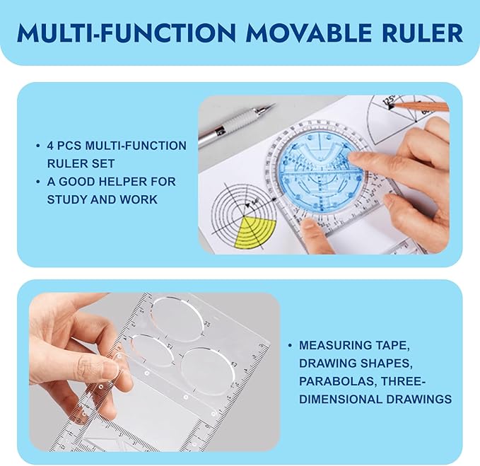 4 Pcs Multifunctional Geometric Ruler,Math Measuring Rulers for Drawing and Art,Metric Ruler Drawing Tool for School Office Supplies and Build