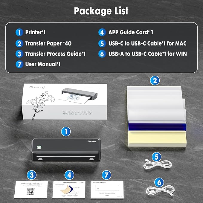 Wireless Tattoo Transfer Stencil Printer, Portable Thermal Tattoo Machine for Tattoo Beginners with 40pcs Stencil Paper, Compatible with Smartphone & PC, Rechargeable & Inkless, Black