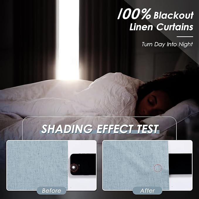 Blue Blackout Curtains 96 Inches Long for Bedroom Linen Blend Back Tab Darkening Drapes for Living Room Elegant Modern Style Black Out Curtains 2 Panels Sound Proof Curtain for Window 52X96