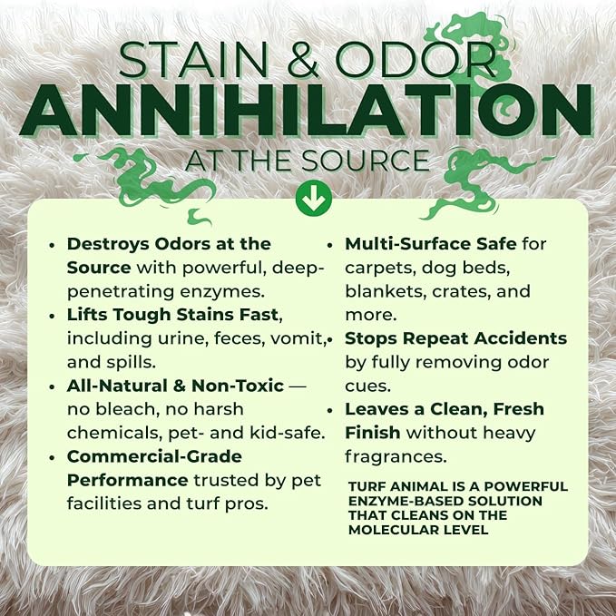 Turf Animal INDOOR Extra Strength Pet Stain & Odor Remover for Strong Odors and Stubborn Stains – Natural Enzyme Odor Eliminator for Carpet & Indoor Surfaces – Enzymatic Dog Urine Destroyer, 1 Quart
