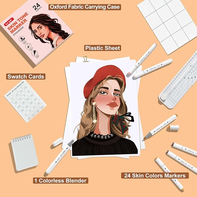 SFAIH Skin Tone Alcohol Markers Brush Tip - 37 Portrait Color Markers for Drawing, Coloring - Fast-Drying, Blendable Ink Marks for Artist Adults, Dual Tip - Brush & Fine - Refillable Ink
