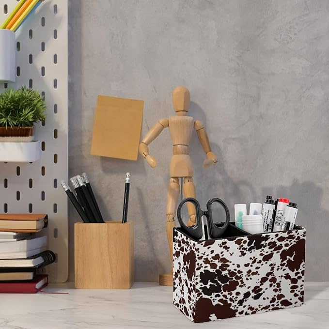 Pen Holder, Pencil Holder for Desk Organizer, Cow Print Brown Spots PU Leather Pencil Cups Desktop Stationery Storage Makeup Brush Holder Pen Organizer for Office Home