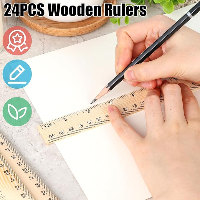 Koogel 24 Pack Wooden Rulers 12inch/30cm Bulk, Wood Measuring Rulers 2 Scale for Kids Students Office Classroom Back to School Supplies 2 Scale (30 cm)