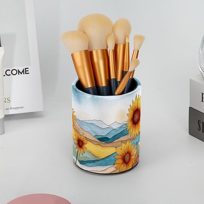 Watercolor Art Sunflower PVC Leather Circular Pencil Holder for Desk Organizer Stationery Holder for Office, School(3.9 x 3.1 Inches)