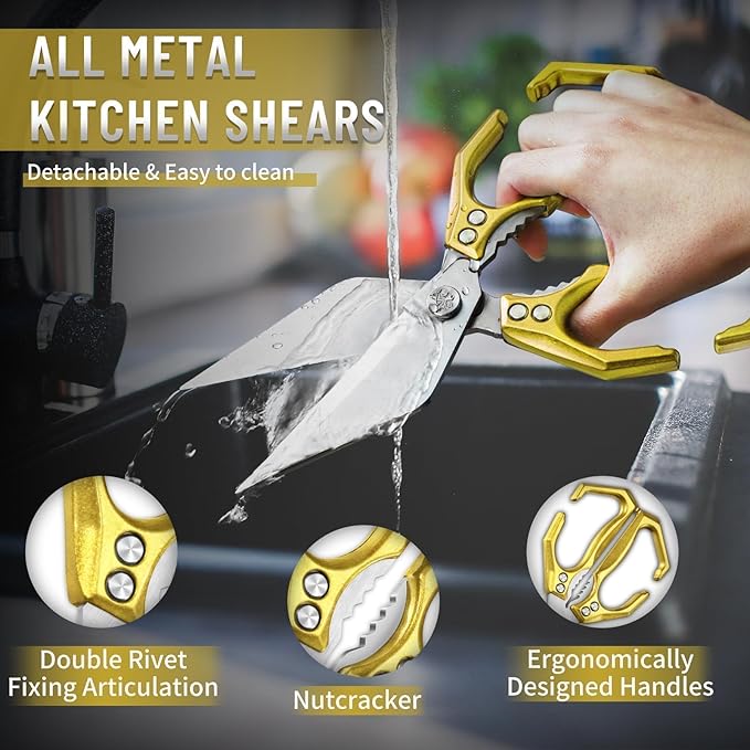 Dream Reach Heavy Duty Poultry Shears Kitchen Scissors for Food with Ergonomic Handle, Japanese High-Carbon Steel Cooking Scissors for Kitchen, Chicken, Meat, Seafood, Bone Cutting (Gold)