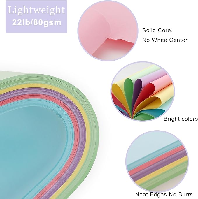 600 Sheets Colored Paper 8.5 X 11 - Color Printer Copy Paper 22lb/80gsm Double Sided Origami for DIY Art Craft,5 Pastel Colors
