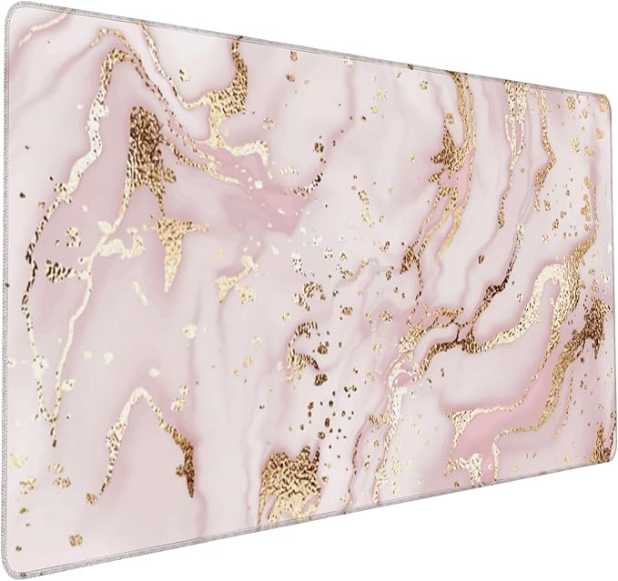 Large Gaming Mouse Pad for Desk, Gold Pink Marble Desk Mat for Desktop, Non-Slip Rubber Base Stitched Edges Long Computer Keyboard Mouse Mat Desk Pad for Home Office Gaming 35.4"X15.7"