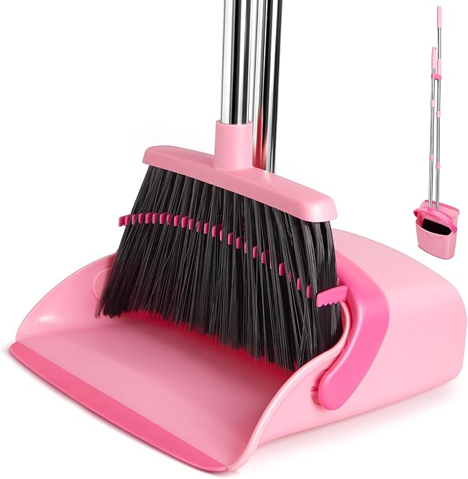 XXFLOWER Broom and Dustpan Set, Dustpans with Broom Combo for Home, Heavy Dust Broom and Dustpan Combo, Long Handle Dust Pan and Broom Set for Kitchen, Office, Pet Hair,Pink, Pack of 1