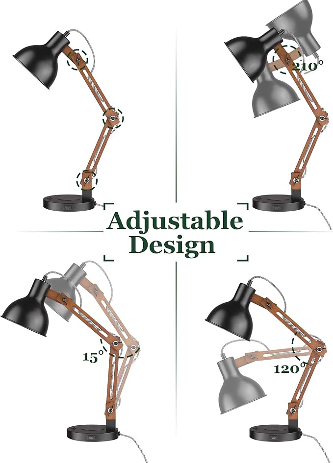 ELYONA LED Sapele Wood Desk Lamp with Upgraded Wireless Charger & USB C Charging Port Modern Table Lamp Swing Arm Bedside Reading Task Light for Dorm Office Bedroom Living Room Bulb Included Black