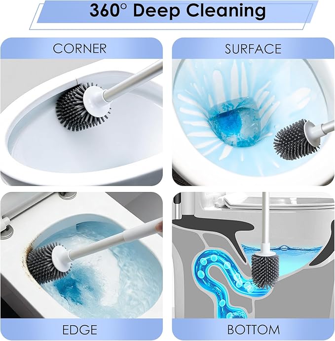 QUIVIX Toilet Cleaner Brush, Silicone Toilet Brush+Pumice Stone for Toilet Cleaning, with Non-Slip Long Handle, Wall Mounted/Floor Standing, Toilet Brush Set for Bathroom RVs