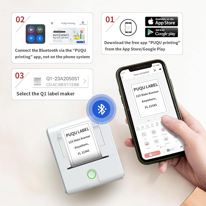 PUQU Q1 Label Maker Machine with 40x30mm Tape, All Free APP with 1000 Icons and 200 Templates, 2 Inch Portable Bluetooth Label Printer for Address, Barcode, Cable, Jewelry, Organizing, Storage, White