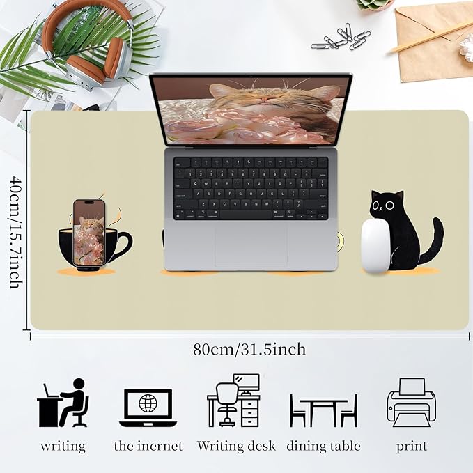 Bloss Leather Mouse Pad,Beige Anime Large Desk Pad,Cute Kawaii Cartoon Cat Desk Mats for Keyboard and Mouse,Waterproof Computer Laptop Desks Protector Mat for Office/Home/Women Gift,31.5" x 15.7"