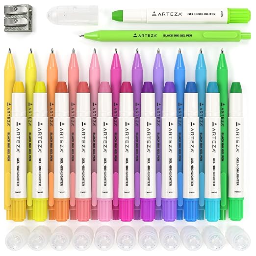 ARTEZA Gel Highlighters and Black Pens – 24-Pack with Sharpener, Smudge-Free, No-Bleed, for Thin Pages, Journaling, Note-Taking, School and Office Use