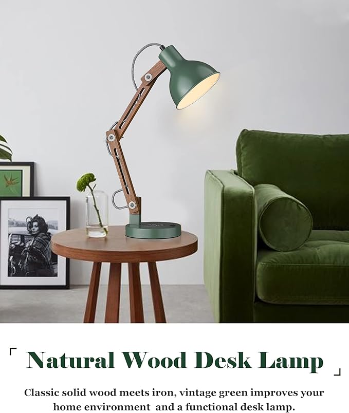 ELYONA LED Desk Lamp with Wireless Charger, Sapele Wood Reading Light with USB C Charging Port, Swing Arm Table Lamp for Home Office, College Dorm, Bedroom Living Room, Bulb Included, Vintage Green